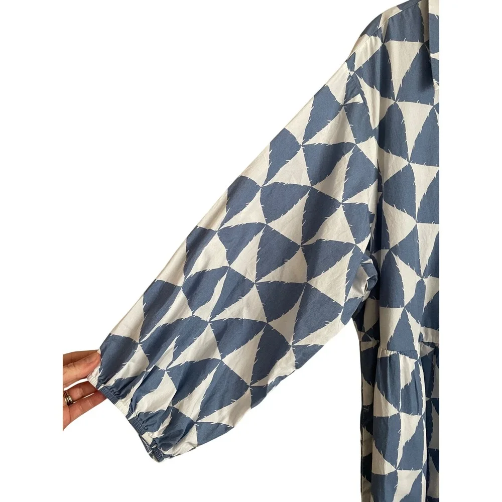 Maeve Anthropologie Bettina Tiered Shirtdress Blue White Geometric Maxi 2X Artsy - Picture 5 of 8